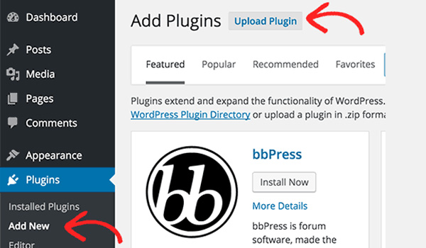 Nhấn vào nút Upload Plugin để tải file lên WordPress