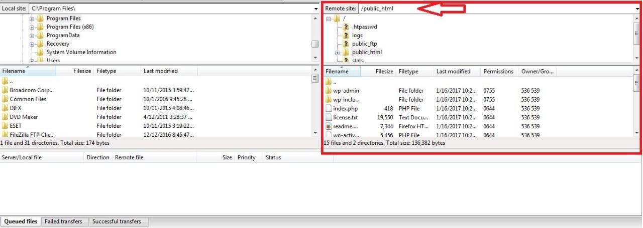 FileZilla là gì? Đây là ví dụ của cửa sổ điều hướng của FTP FileZilla.